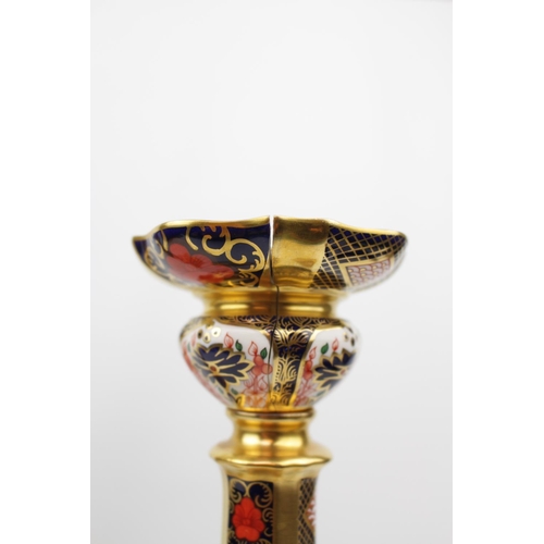 214 - Pair of Royal Crown Derby 1128 pattern Castleton candlestick XXXIX, Out swept square base, 26.5cm to... 