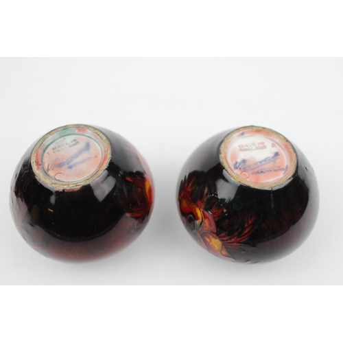 232 - Pair of Moorcroft Peony Flambe Squat vases 7cm in Height with impressed mark and signature to base