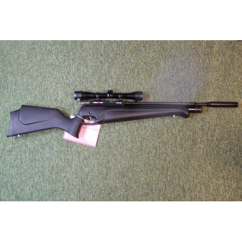 298 - Brocock Hunter .22 Pre Charged Air Rifle Black stock with Brocock Moderator NVSN Apollo 4 x 32 Scope... 