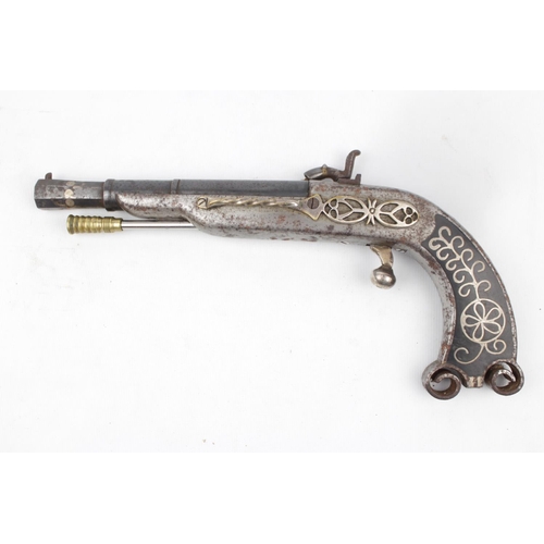 300 - Interesting R Dunn & Son metal bodied percussion pistol with brass handled ram rod, engraved W Golde... 