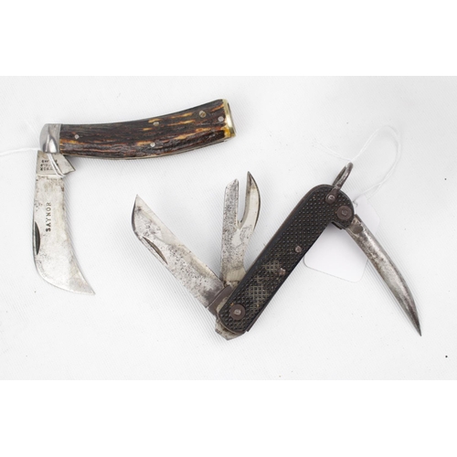 301 - Saynor Cooke & Ridal Hawks bill Horn handled Sheffield knife and a WW2 Trench Knife STAMPED 1942