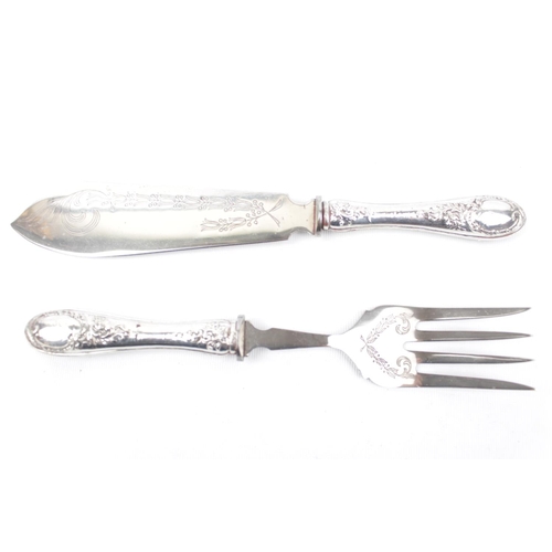 97 - Pair of 800 Silver Continental (German) fish servers with embossed decoration