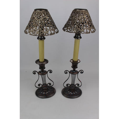 204c - Pair of 19thC Regency style candelabras of oval harp form with later middle fitting and under pieced... 