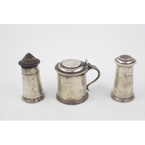 196 - A large Silver three-piece cruet with plain cylindrical turret design. Sheffield 1948 by Viner's Ltd... 