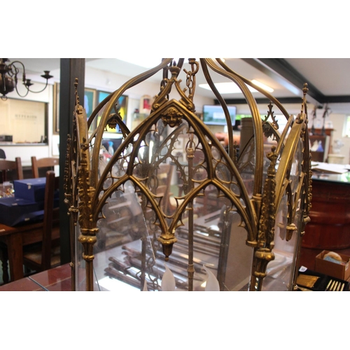 102 - Gothic Revival Hexagonal Brass ceiling light of 5 branches with Arched brass glazed panels below thr... 