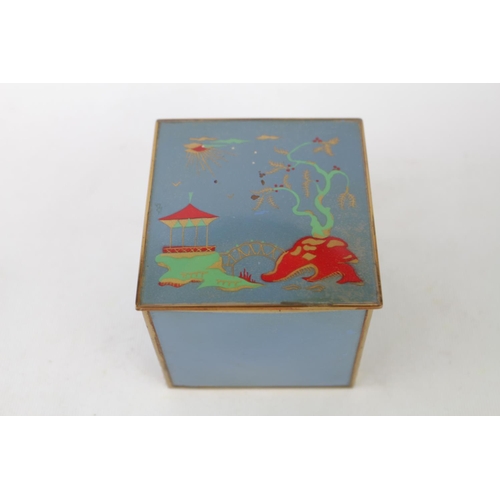 104 - 1940s Japanese enamelled cantilever cigarette box of square form. 8.5cm in Width