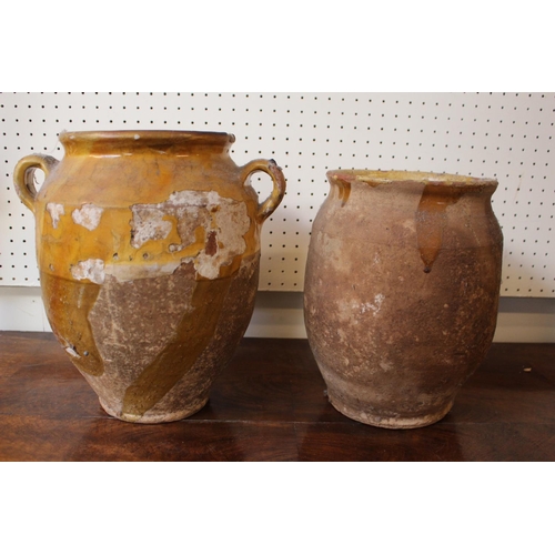 107 - 2 Chinese Lead glazed two handled Funerary type jars, 30cm & 26cm