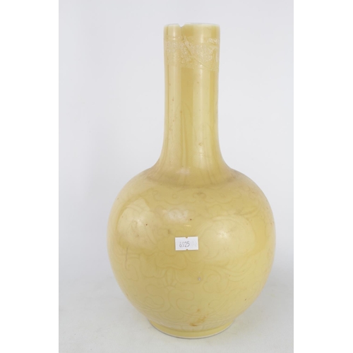 112 - Chinese Republic Yellow ground vase with incised decoration and stepped plain base. 33cm in Height