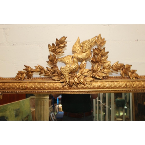 206 - Large early 19thC Georgian English Gilt Gesso over mantel mirror with surmounted bird and wreath dec... 