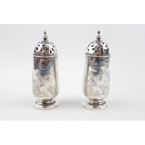 213 - Delicate Pair of Victorian Silver engraved crested pepperettes, London 1849 by Charles Thomas Fox & ... 