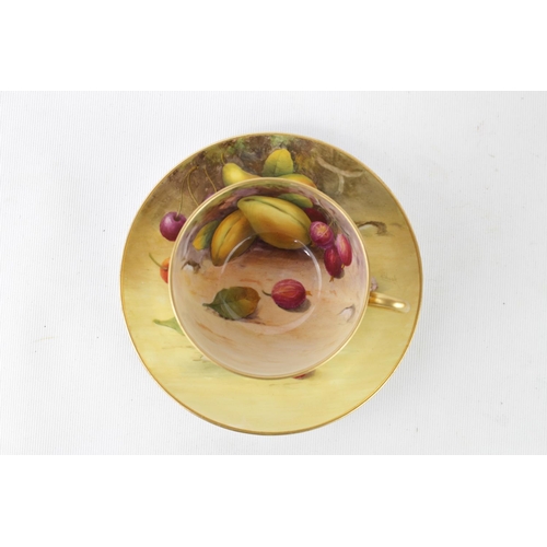 27 - Royal Worcester Fruit decorated Cup and Saucer with signatures for A Shuck dated 1916 & 1918