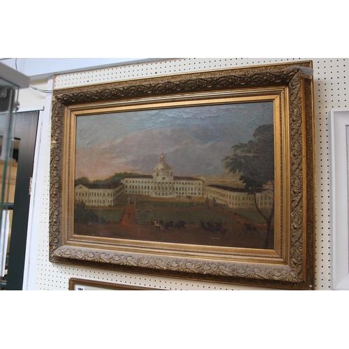 290 - 19thC Oil on canvas depicting a 18thC Building with Stagecoaches to foreground framed in gilt gesso,... 