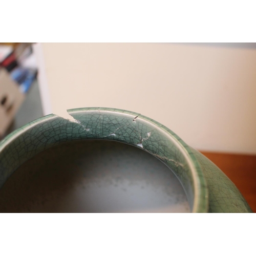 50 - 20thC Chinese Green crackle glazed Charger on ebonised stand and a Pair of matching lidded ginger Ja... 