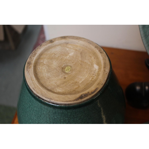 50 - 20thC Chinese Green crackle glazed Charger on ebonised stand and a Pair of matching lidded ginger Ja... 