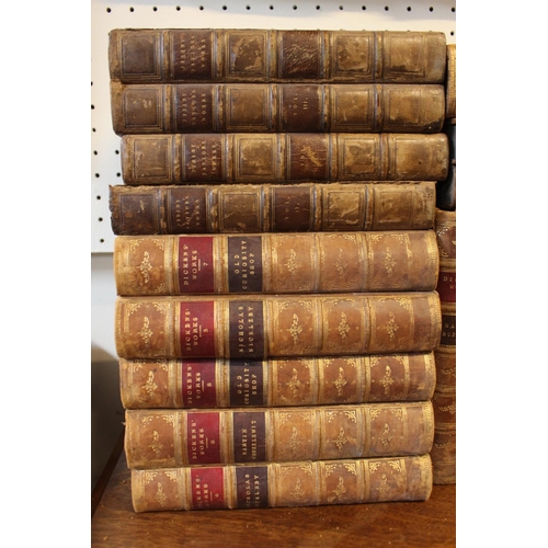 54 - Collection of 19thC Leather bound books inc. Jeremy Taylors Works 1831, Dickens Works Library Editio... 