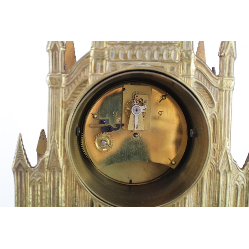 56 - 19thC Brass cathedral clock with pillar movement on wooden base with fence applied, with matching do... 