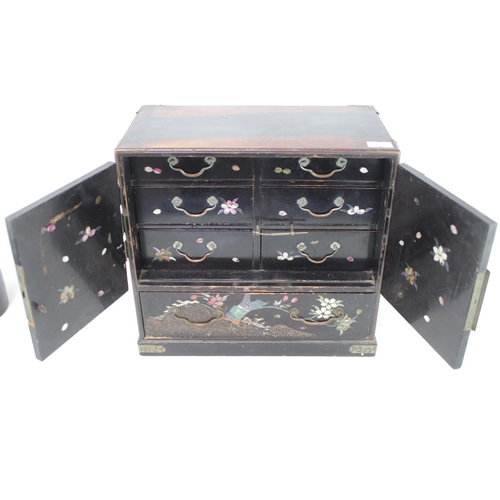 60 - Early 20thC Japanese Black Lacquered Jewellery cabinet with mother of pearl bird decorated panel doo... 