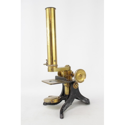 77 - A Victorian Knott & Co of Liverpool lacquered brass cased monocular compound microscope, in fitted m... 