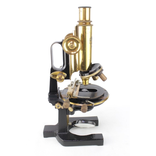 79 - Carl Zeiss Jena Brass and Tole microscope Nr 65893 in fitted wooden case with assorted lenses. 37cm ... 