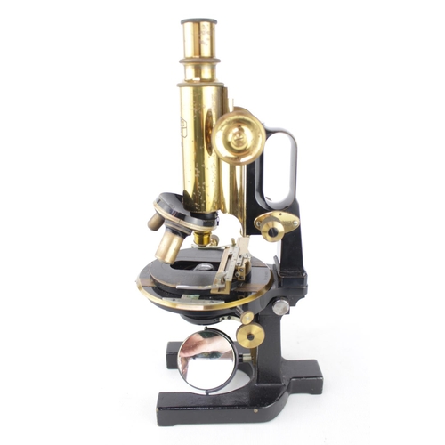 79 - Carl Zeiss Jena Brass and Tole microscope Nr 65893 in fitted wooden case with assorted lenses. 37cm ... 