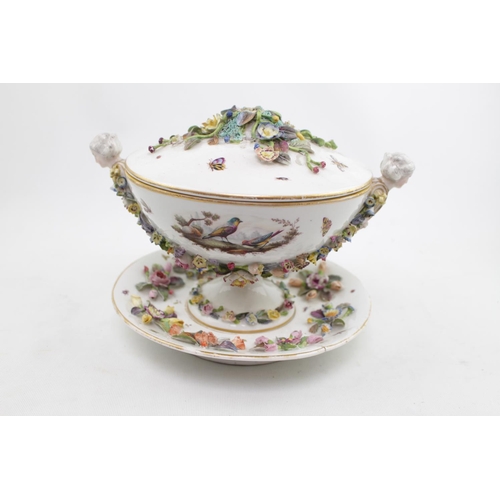 119 - 19thC Antique Fontainbleau Jacob Petit Tureen, stand and cover decorated with floral garnitures and ... 