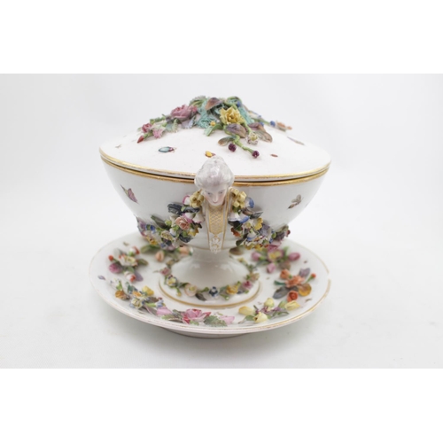 119 - 19thC Antique Fontainbleau Jacob Petit Tureen, stand and cover decorated with floral garnitures and ... 