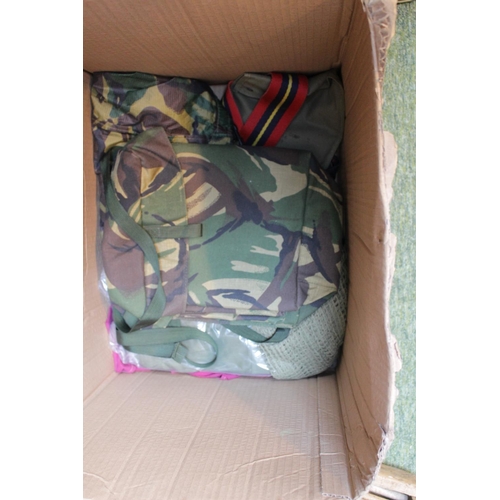 147 - Three camouflage Army Jackets, NATO Fleece, various packs, shirts, braces etc