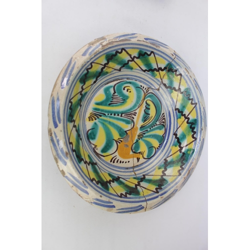 116 - Interesting Antique Tin glazed Spanish bowl with Cockerel decoration. 33cm in Diameter