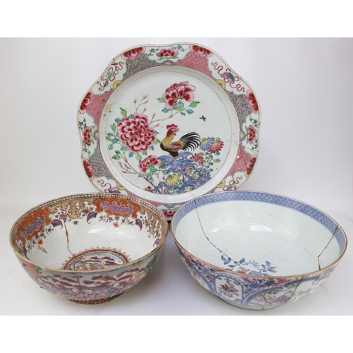 122 - Collection of 18thC and Later Chinese ceramics hand painted Punch Bowl, 2 Charger, Large Platter, Gi... 