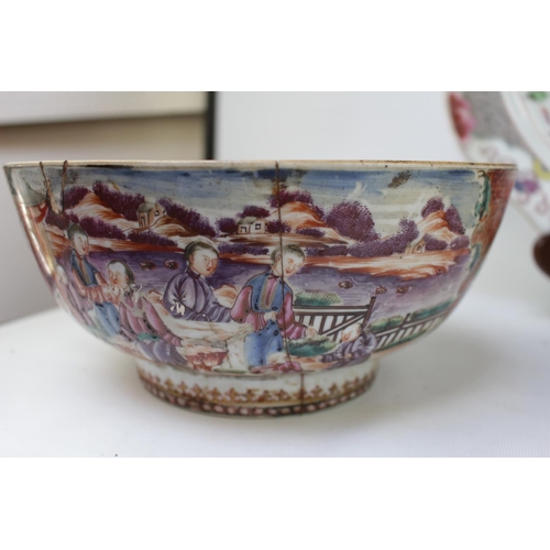 122 - Collection of 18thC and Later Chinese ceramics hand painted Punch Bowl, 2 Charger, Large Platter, Gi... 