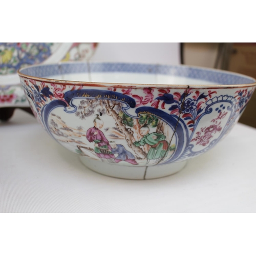 122 - Collection of 18thC and Later Chinese ceramics hand painted Punch Bowl, 2 Charger, Large Platter, Gi... 