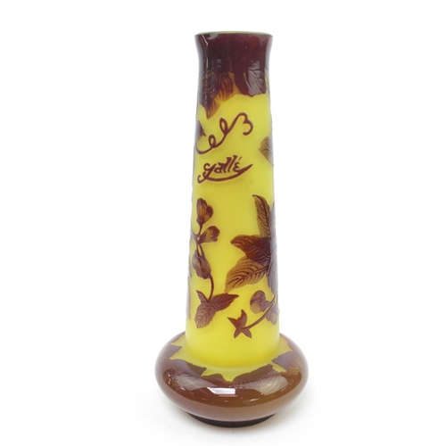 52 - Galle marked Cameo Vase the tapering vase with dark etched cameo floral decoration on a solid yellow... 