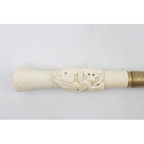 109 - Good quality Ivory/Bone handled Gentlemen's cane with Equine and dog carving on tapering hardwood ca... 