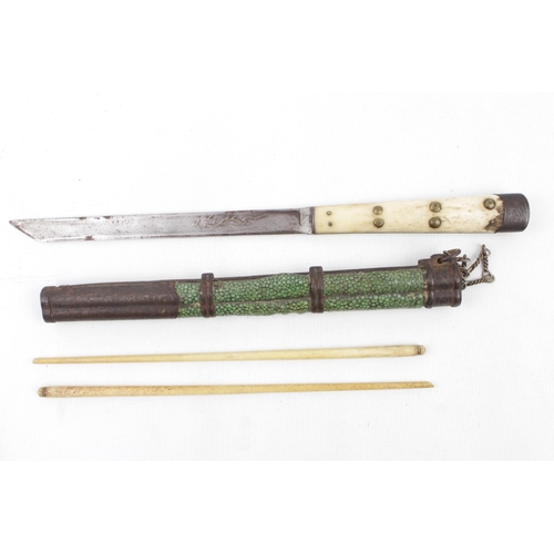 259 - Late 19thC Chinese Bone Handled Trousse eating set, Comprising a knife and chopsticks. in Shagreen s... 