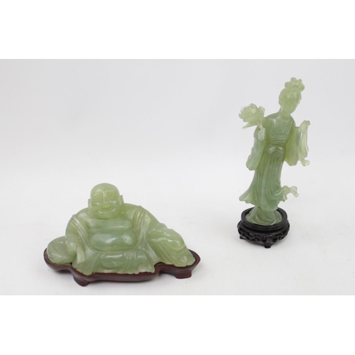 79 - Chinese Jadeite figure of a Buddha and woman, both mounted on wooden bases