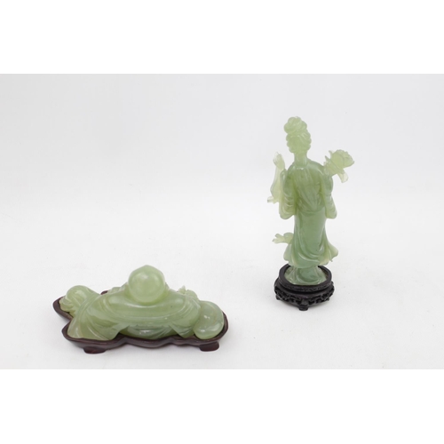 79 - Chinese Jadeite figure of a Buddha and woman, both mounted on wooden bases