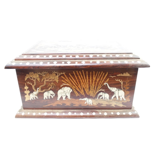 82 - Indian Hardwood box with marquetry inlaid decoration, Ivory Elephants and borders. 40cm in Width