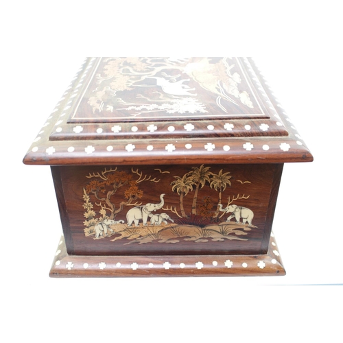 82 - Indian Hardwood box with marquetry inlaid decoration, Ivory Elephants and borders. 40cm in Width