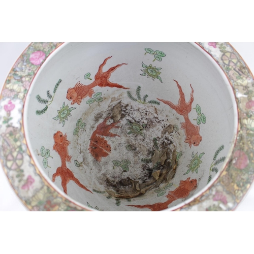 90 - Very Large Famille Rose Fish Bowl with Flora and Fauna decoration, Goldfish decoration to interior. ... 