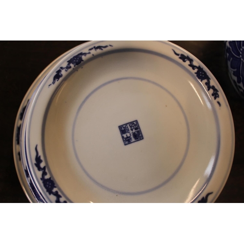 96 - Set of 3 20thC Graduated Chinese Blue and white Chrysanthemum decorated jardinières and a collection... 