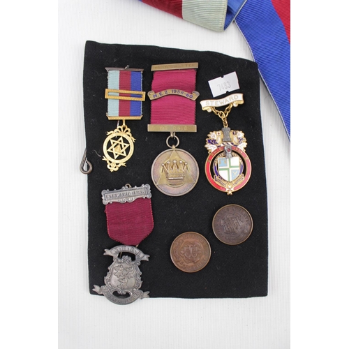 290a - Collection of 4 Masonic Medals, one named to Robert E V Boyanton , Masonic Sash + 4 cased Athletic M... 