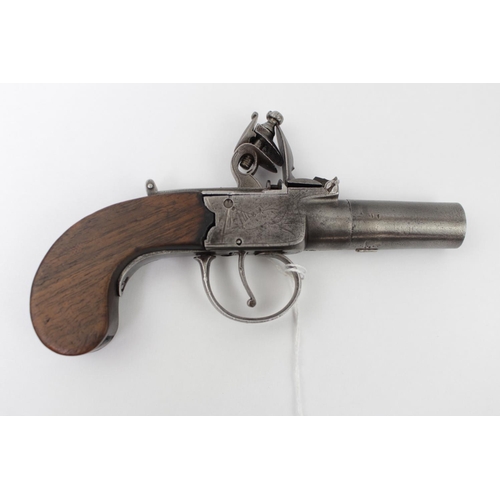 321 - 19thC Flintlock Boxlock Pocket Pistol, 4.5cm Turn off steel barrel frame engraved with London on sid... 