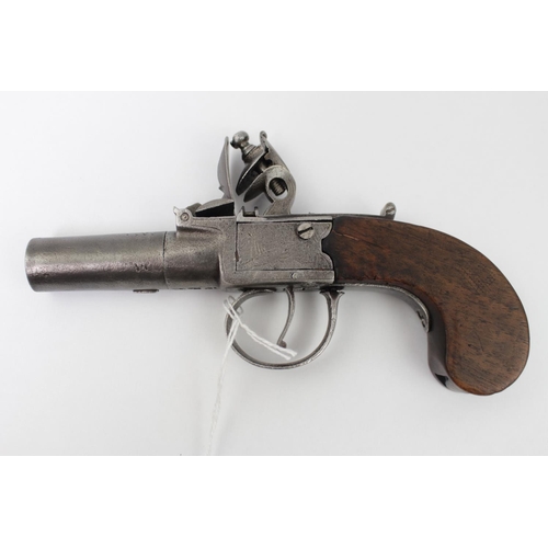 321 - 19thC Flintlock Boxlock Pocket Pistol, 4.5cm Turn off steel barrel frame engraved with London on sid... 