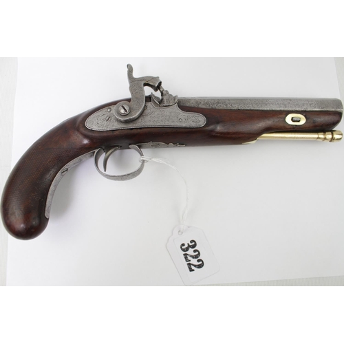 322 - Large Bore 19thC British Percussion Pistol 15cm with Octagonal Barrel engraved lock marked CLare & G... 