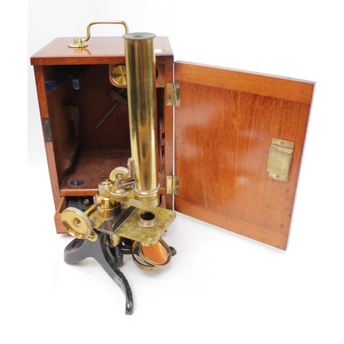 324 - A Victorian Knott & Co of Liverpool lacquered brass cased monocular compound microscope, in fitted m... 