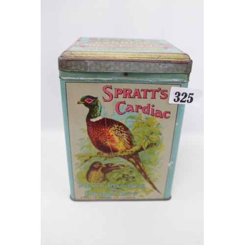 325 - An early 20th Century tin advertising Spratts Cardiac Tonic Powder for pheasants and other game bird... 