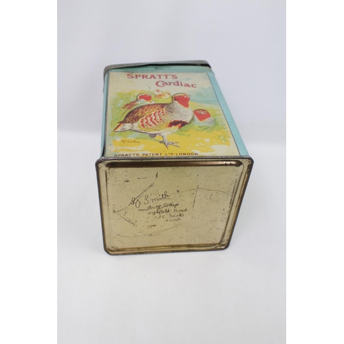 325 - An early 20th Century tin advertising Spratts Cardiac Tonic Powder for pheasants and other game bird... 