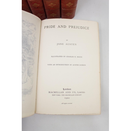 357 - Jane Austen 5-Volumes, Red Leather Half bound Published by Macmillan and Co. Limited, London; New Yo... 