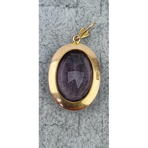 416 - Fine Edwardian 14ct Gold Oval Amethyst Pendant with Seed pear setting. Estimated 10.2ct. 3.2cm in Le... 