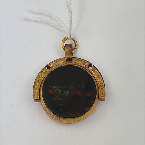 434 - Edwardian Bloodstone set rotating fob with 9ct gold setting